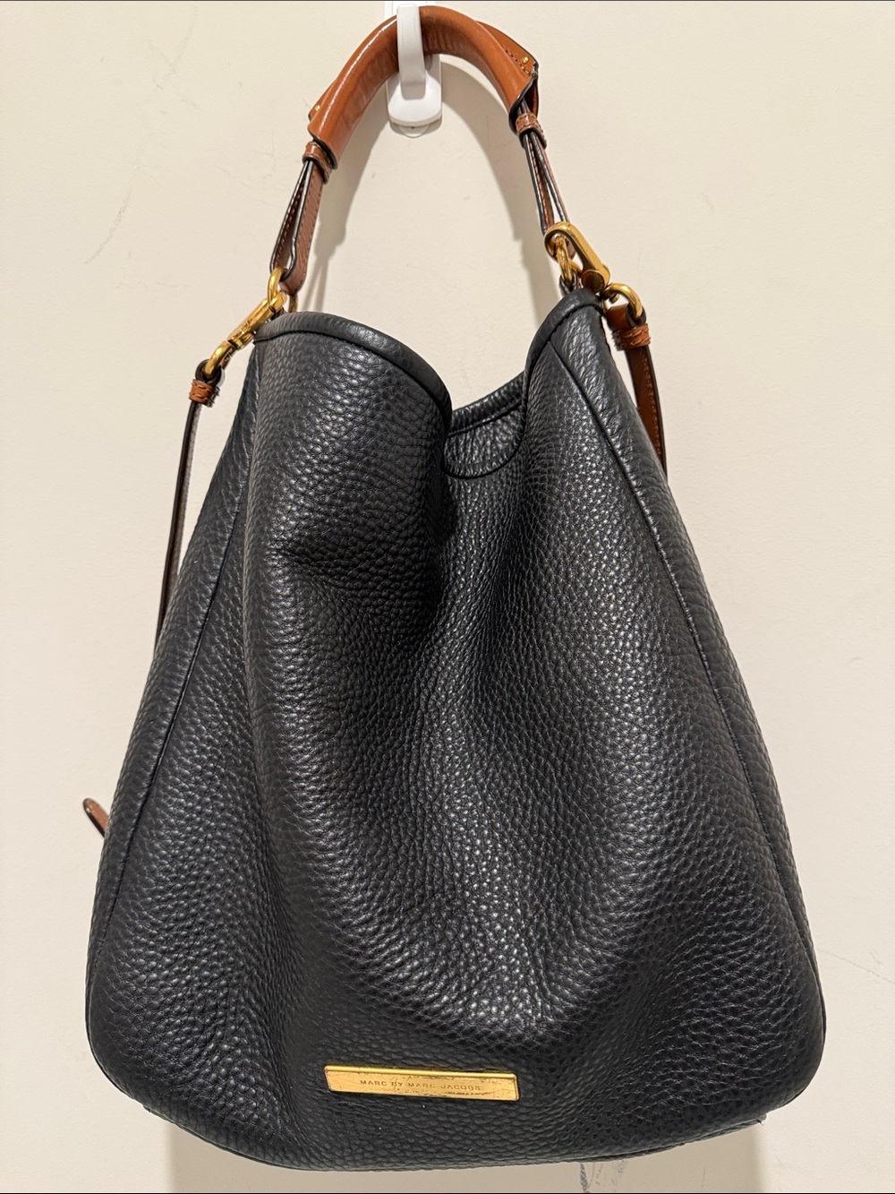 Marc by Marc Jacobs Black Pebbled Leather Hobo with Brown Strap